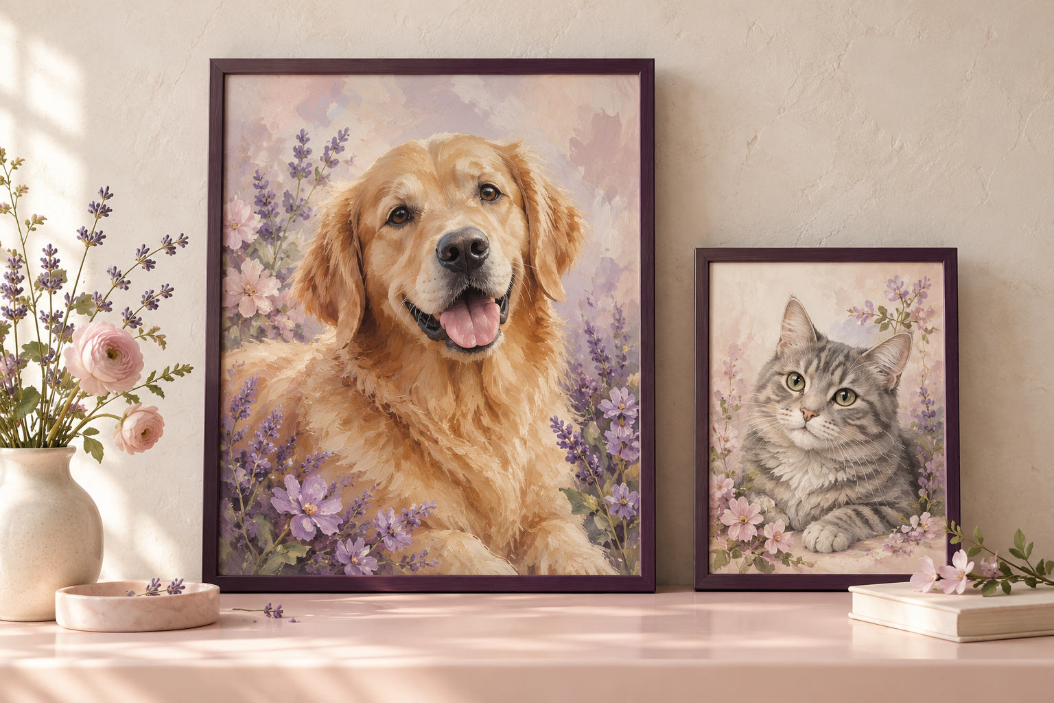 Ejemplo ilustrativo de retratos de un perrito y un gato enmarcados, con detalles florales